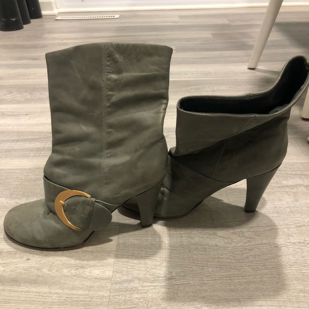 Gray booties with gold hardware